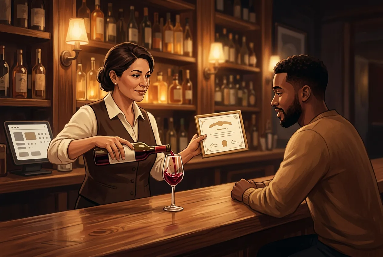 AI-generated illustrative image, not a client: a bartender pouring wine and holding up a credential card.