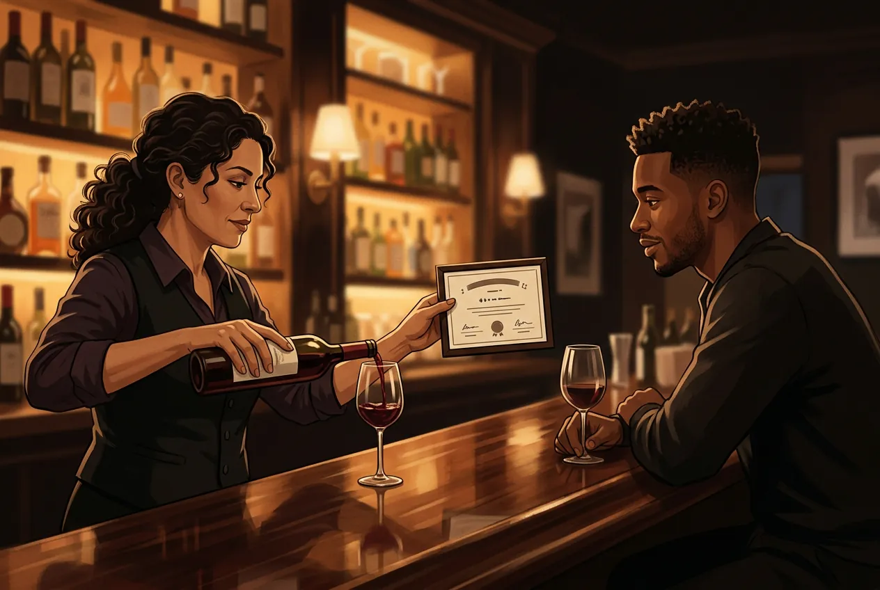 AI-generated illustrative image, not a client: a bartender pouring wine for a customer while holding up a credential card.