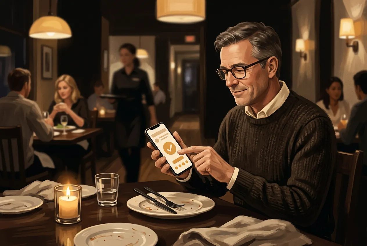 AI-generated illustrative image, not a client: a diner holding up a phone that shows a large orange check mark.