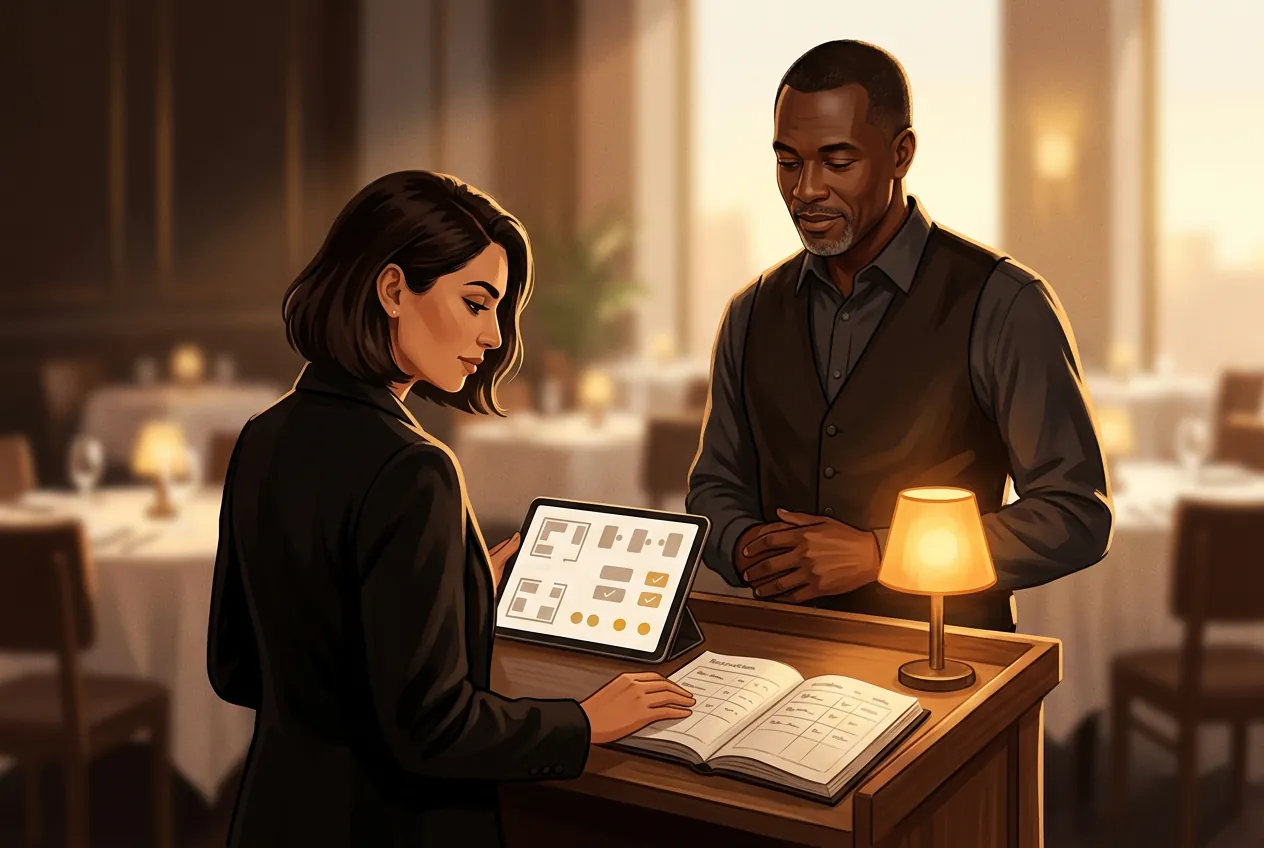 AI-generated illustrative image, not a client: a host at the stand with a tablet and an open paper ledger.