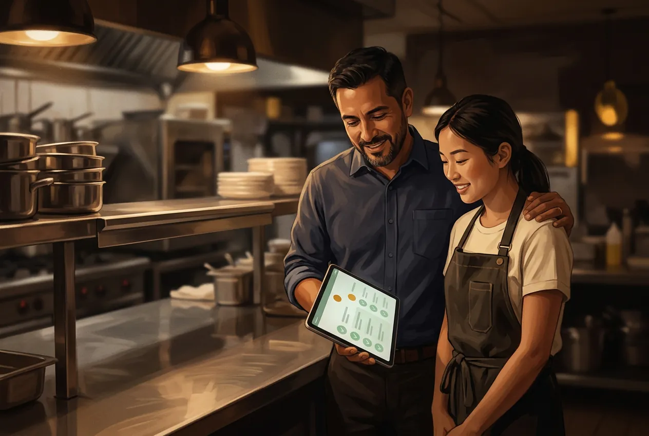 AI-generated illustrative image, not a client: a manager and a server reviewing a tablet in a restaurant kitchen.